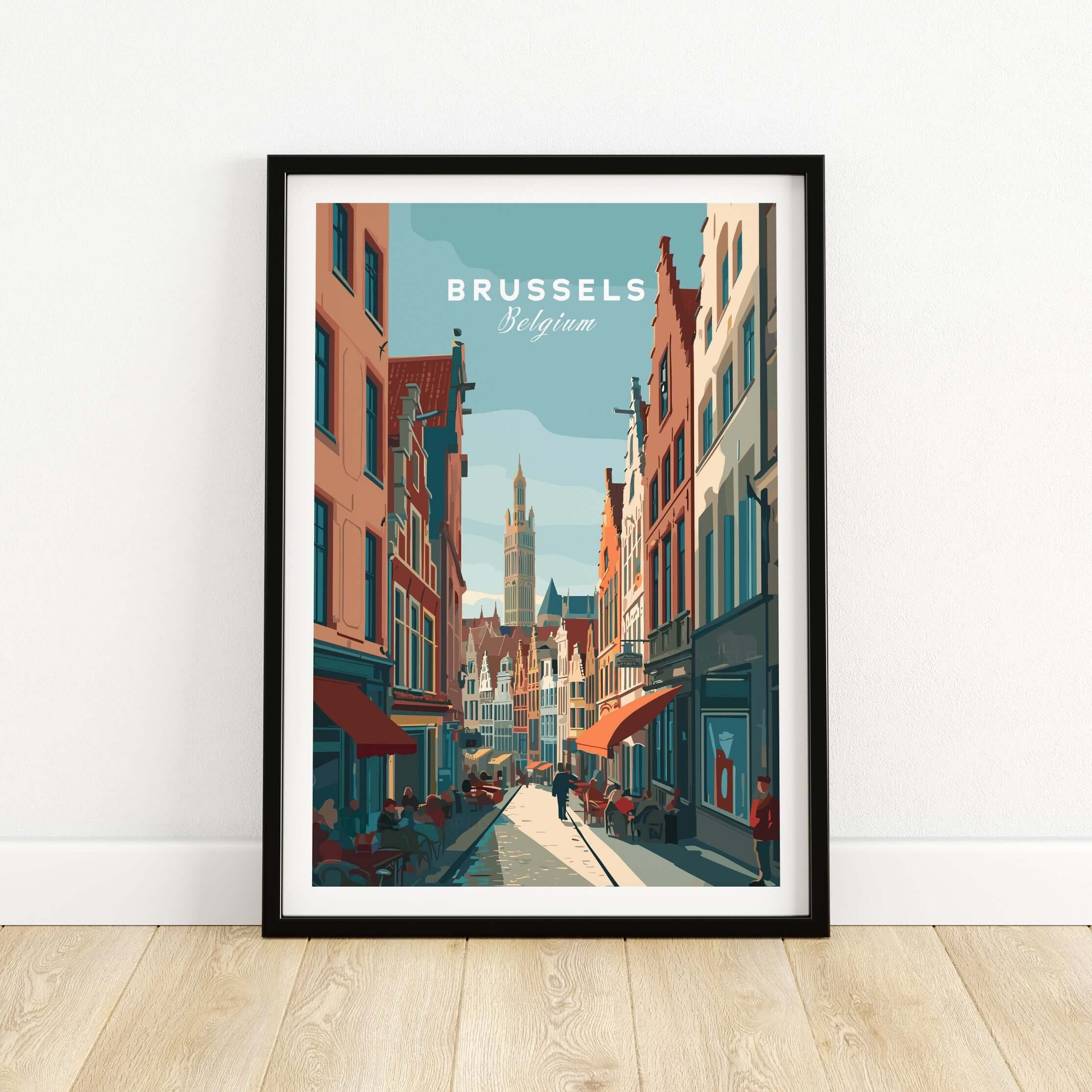 Brussels Belgium Art Print - Grand Place Poster showcasing vibrant street scene and architecture in Brussels.