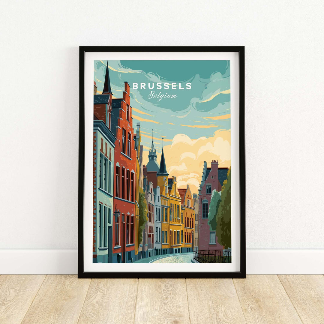 Brussels Belgium historic houses poster showcasing colorful European architecture under a bright sky.