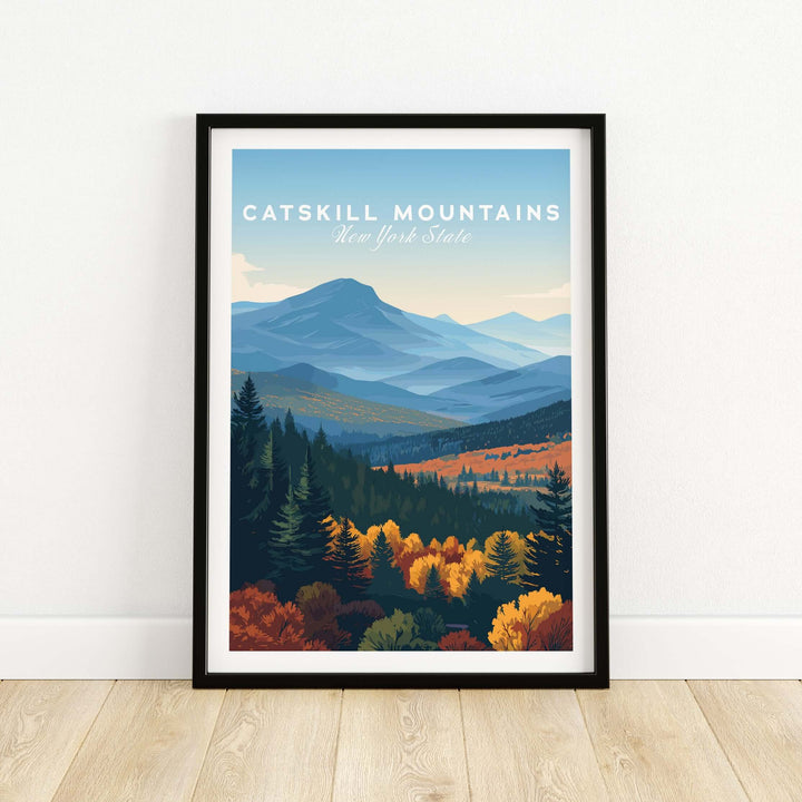 Framed print of the Catskill Mountains, showcasing layered hills and vibrant autumn colors, perfect for wall art.