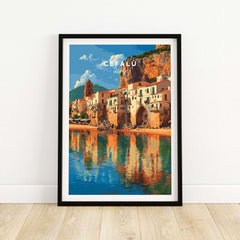 Cefalù Italy Travel Print - Sicilian Village Wall Art showcasing the picturesque coastal village with vibrant colors.