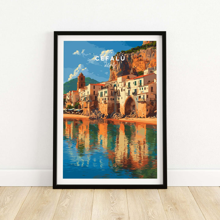 Cefalù Italy travel print showcasing the picturesque village reflecting in the water, vibrant colors, and coastal scenery.