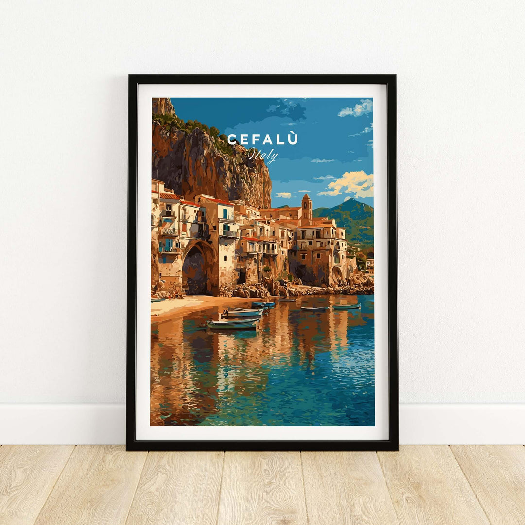 Cefalù Italy poster featuring scenic coastline and charming village architecture. Mediterranean art print for home decor.