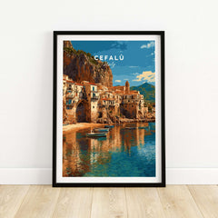 Cefalù Italy Poster - Sicilian Coastline Art Print showcasing picturesque village and coastline.