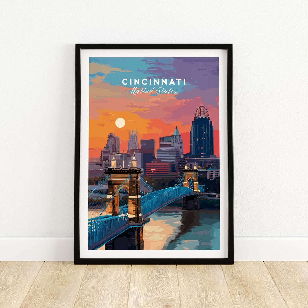 Cincinnati Ohio sunset skyline poster featuring Roebling Bridge and cityscape in vibrant colors.