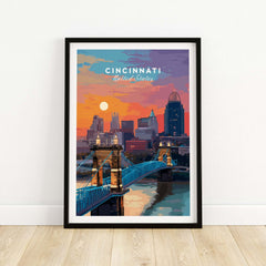 Cincinnati Ohio Sunset Skyline Poster - Roebling Bridge Wall Art showcasing the sunset over the city's skyline.
