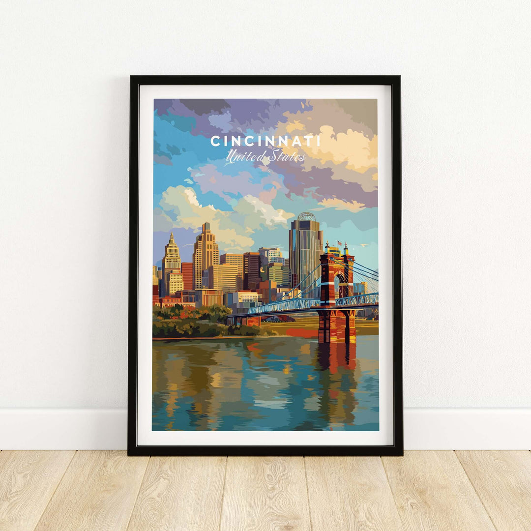 Cincinnati Ohio skyline print featuring Roebling Bridge, vibrant colors and reflections on the river, stylish wall art.