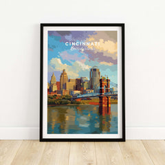 Cincinnati Ohio Skyline Print - Roebling Bridge Wall Art showcasing the Roebling Bridge and city skyline.