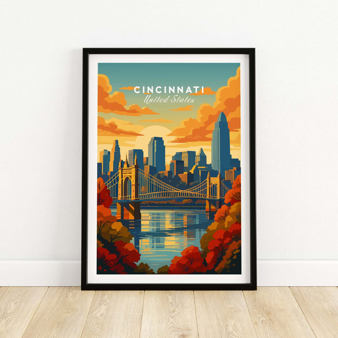 Cincinnati Sunset River Reflection poster featuring Roebling Bridge and city skyline in vibrant colors.