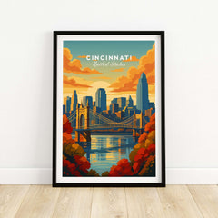 Cincinnati Sunset River Reflection Poster - Roebling Bridge Wall Art showcases Cincinnati skyline and bridge.