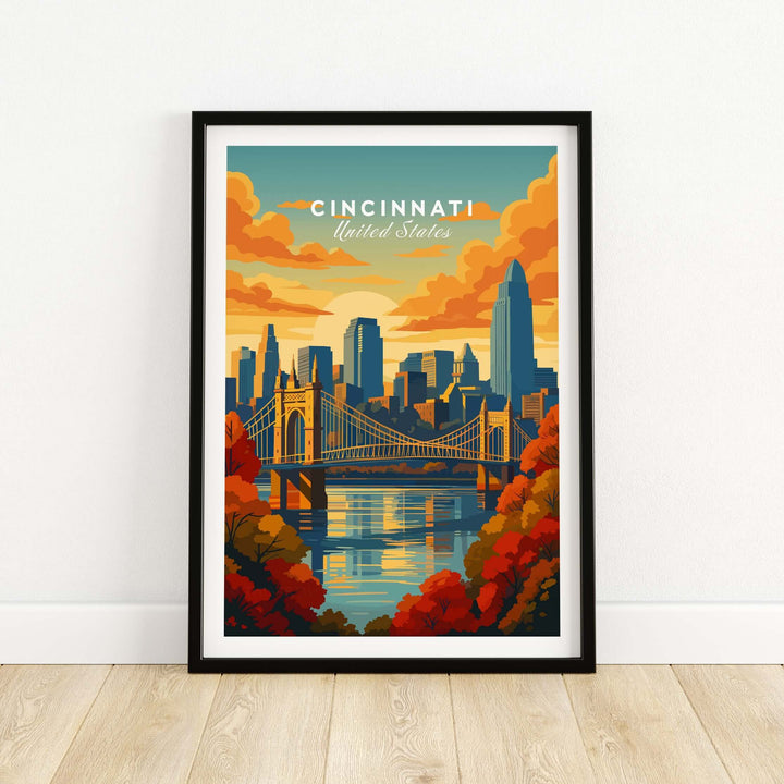 Cincinnati Sunset River Reflection poster featuring Roebling Bridge and city skyline in vibrant colors.