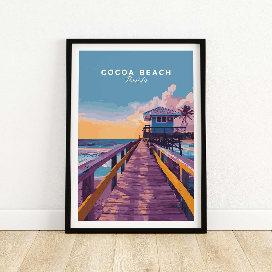 Cocoa Beach Boardwalk print featuring a vibrant sunset and ocean, perfect for beach-themed wall art.