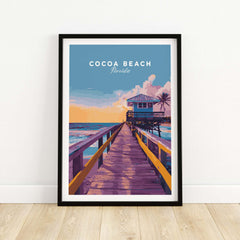 Cocoa Beach Boardwalk Print - Florida Sunset Wall Art showcasing a vibrant beachside scene with pier and sunset.