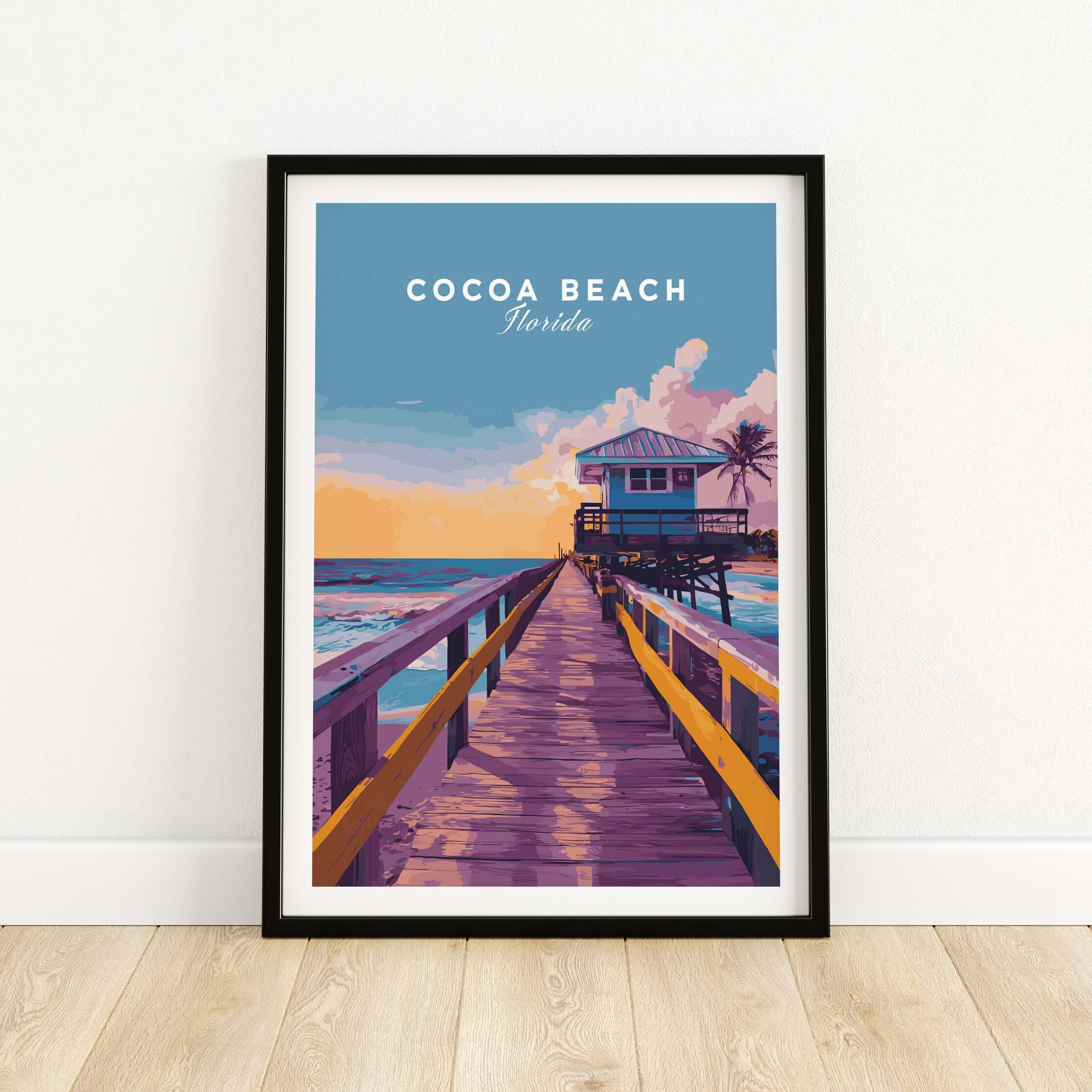 Cocoa Beach Boardwalk Print - Florida Sunset Wall Art showcasing a vibrant beachside scene with pier and sunset.