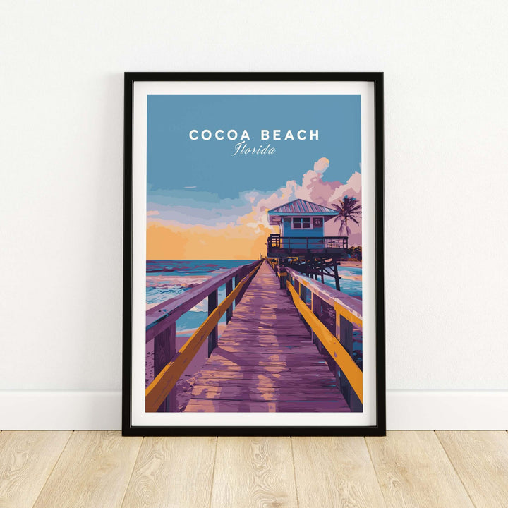 Cocoa Beach Boardwalk print featuring a vibrant sunset and ocean, perfect for beach-themed wall art.