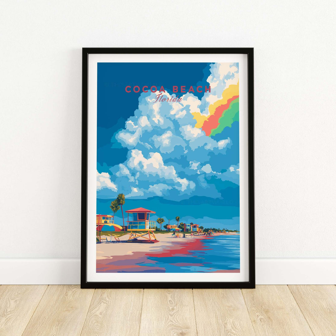 Cocoa Beach Lifeguard Stand print showcasing vibrant colors and a sunny beach scene in Florida.