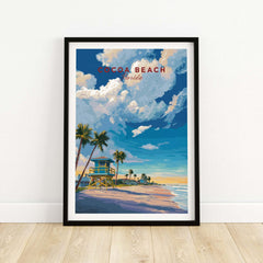 Cocoa Beach Lifeguard Tower Poster - Palm Tree Beach Wall Art featuring a vibrant beach scene and palm trees.