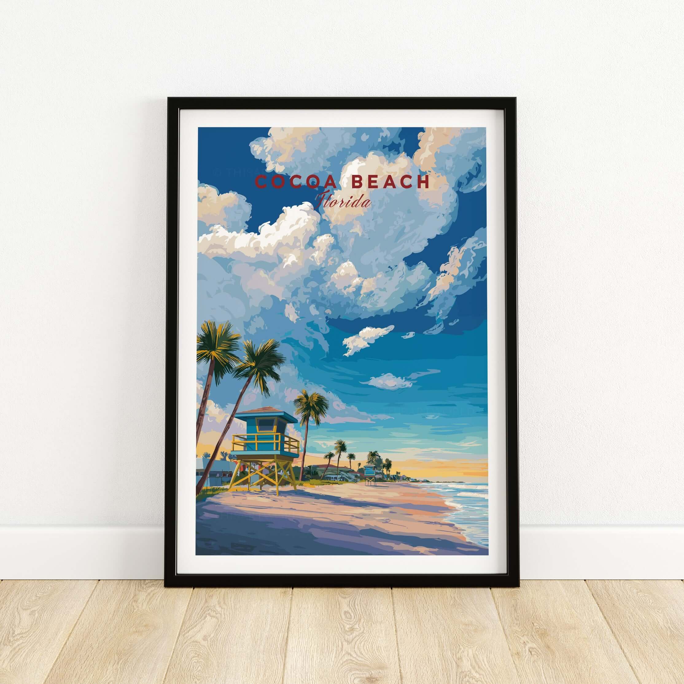 Cocoa Beach Lifeguard Tower Poster - Palm Tree Beach Wall Art featuring a vibrant beach scene and palm trees.