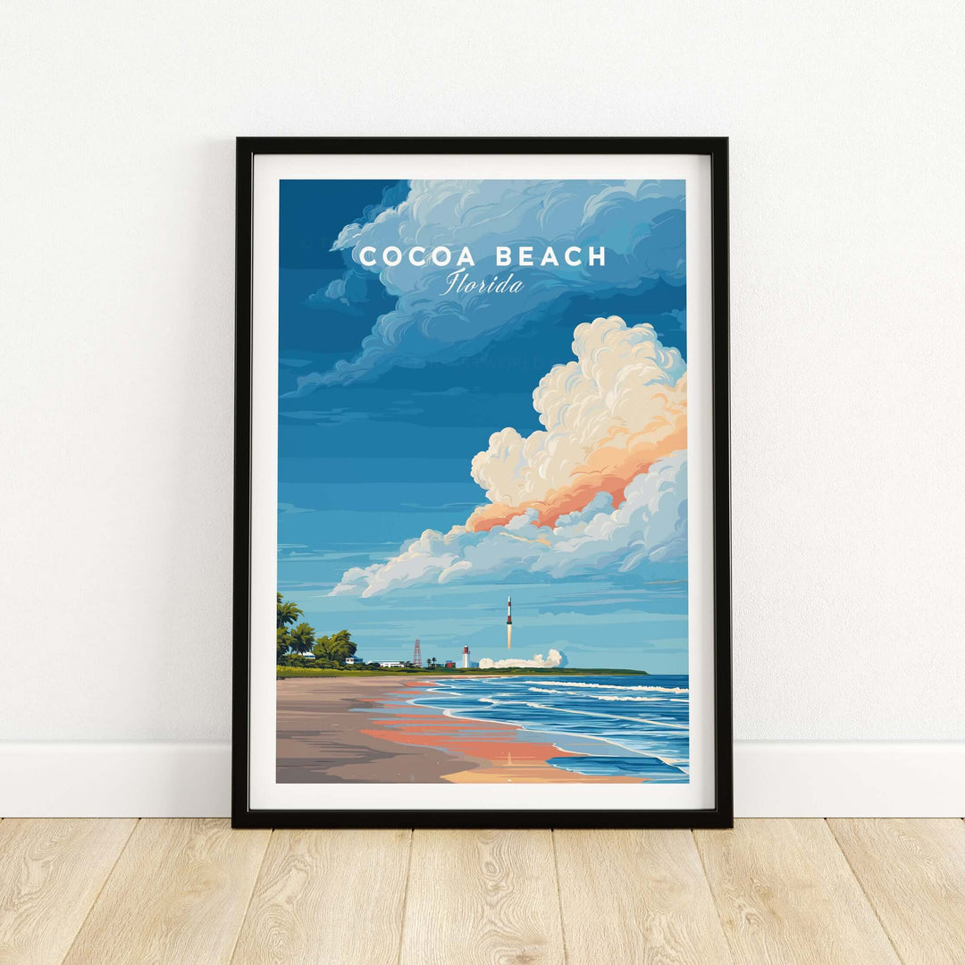 Cocoa Beach Florida rocket launch print showcasing vibrant clouds and ocean view, perfect for Space Coast wall art.