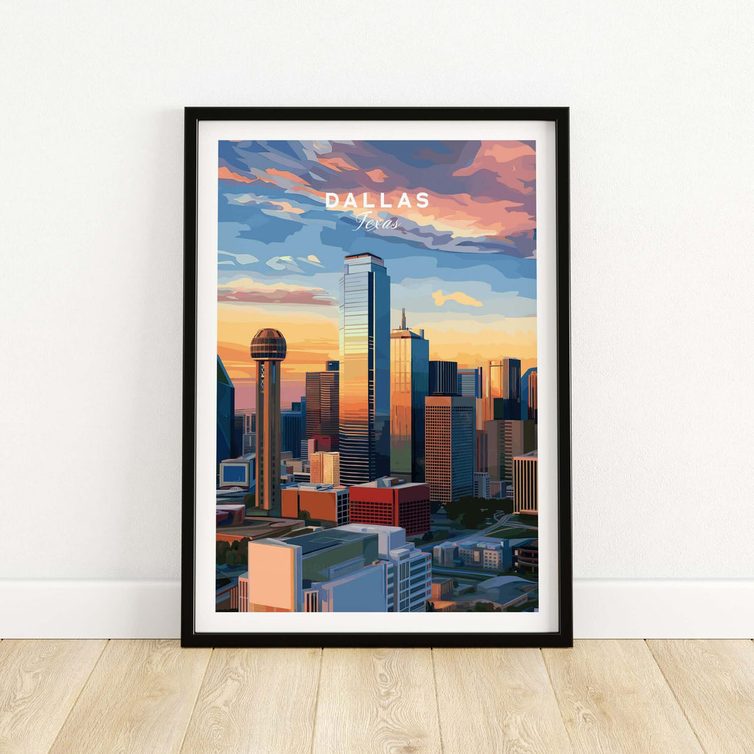 Dallas Texas Reunion Tower skyline poster showcasing a vibrant cityscape at sunset, perfect for urban decor.