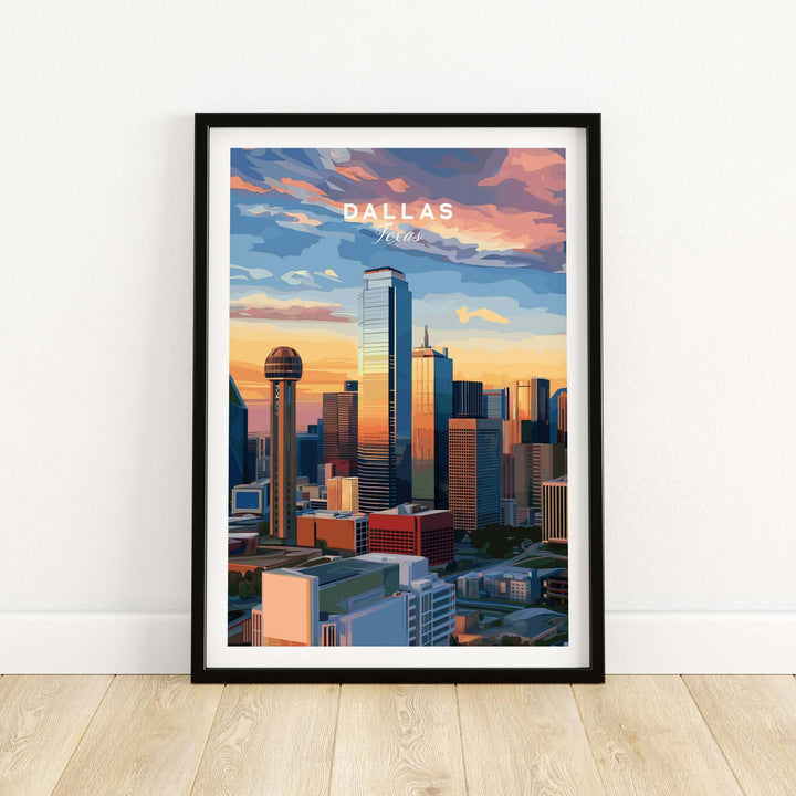 Dallas Texas Reunion Tower skyline poster showcasing a vibrant cityscape at sunset, perfect for urban decor.