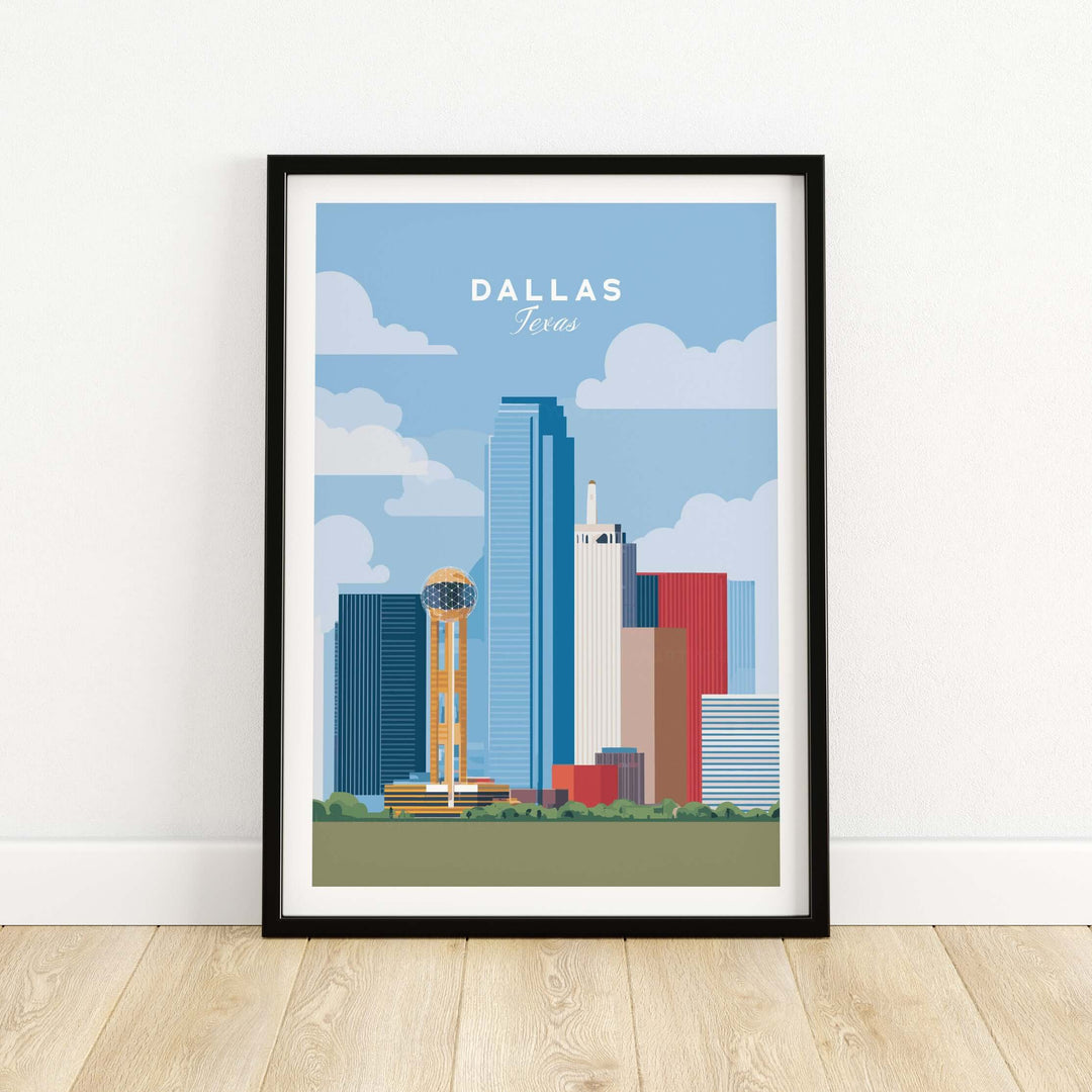 Dallas Texas skyline print featuring Reunion Tower, showcasing urban architecture and vibrant city life.