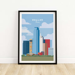 Dallas Texas Iconic Skyline Print - Reunion Tower Wall Art showcasing the skyline of Dallas with picture of Reunion Tower.