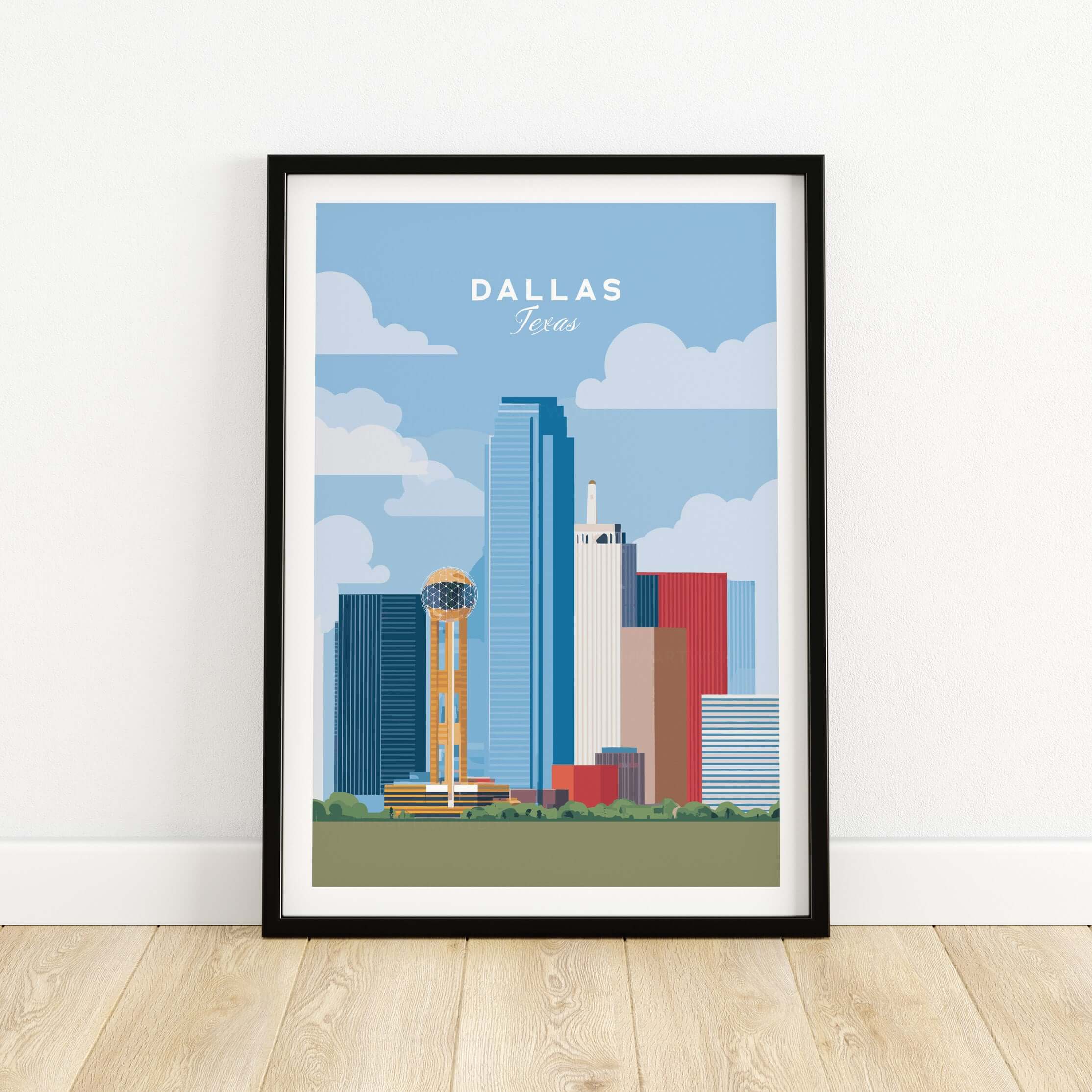 Dallas Texas Iconic Skyline Print - Reunion Tower Wall Art showcasing the skyline of Dallas with picture of Reunion Tower.