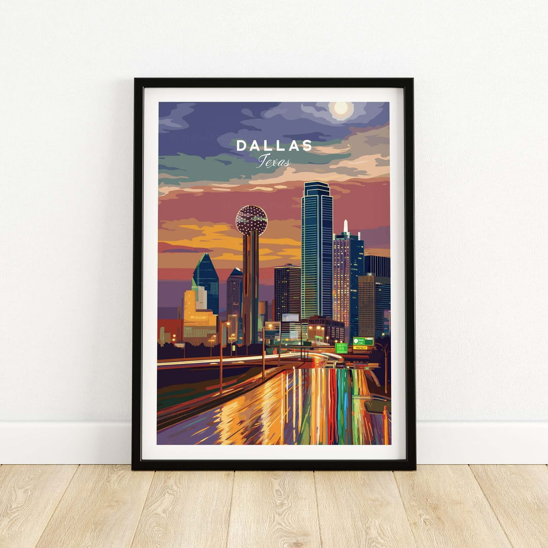 Dallas Texas illuminated skyline poster showcasing vibrant highway lights and cityscape at night.