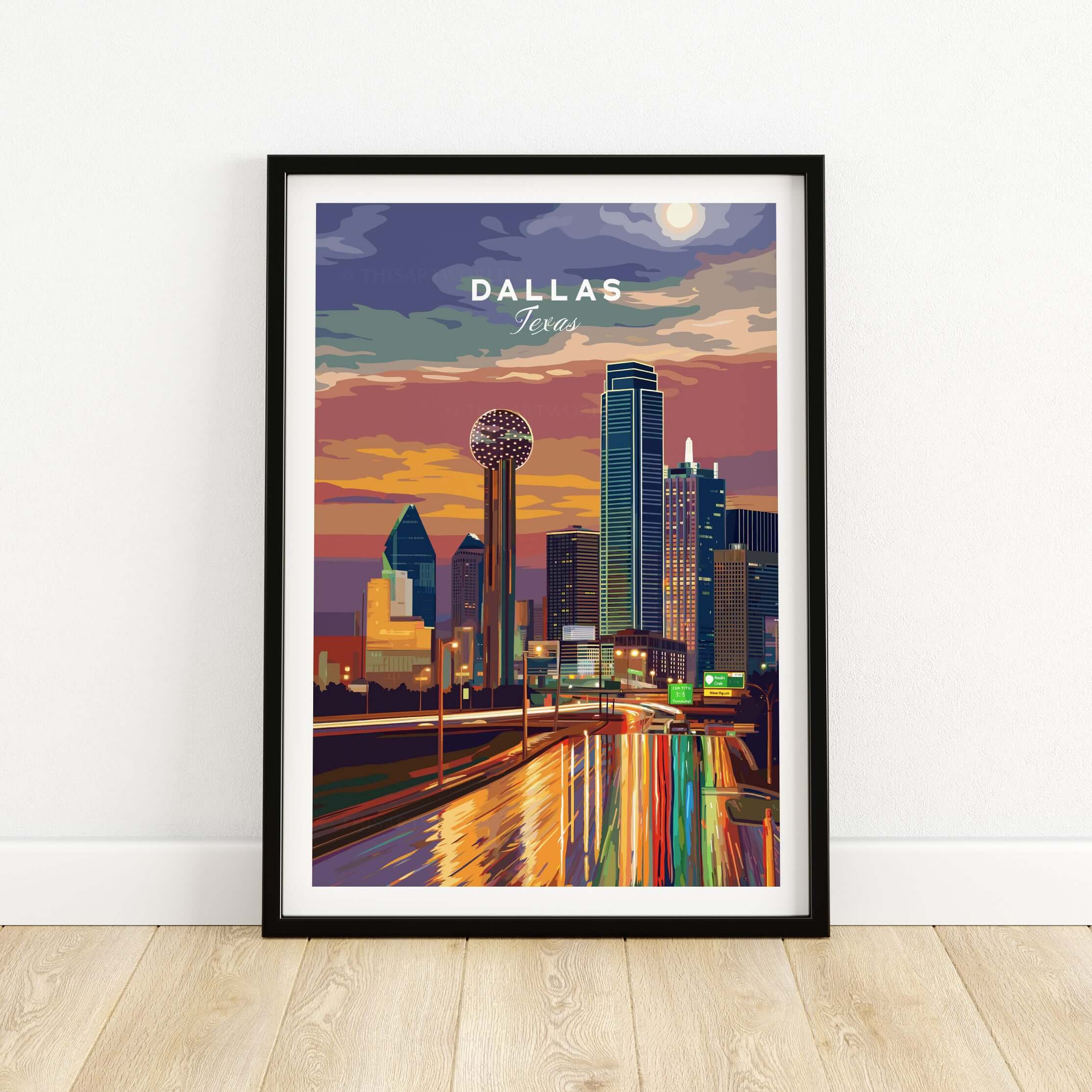 Dallas Texas Highway Night Lights Poster - Illuminated Skyline Print showcasing Dallas skyline with vibrant colors.