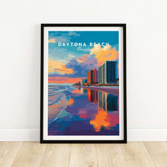 Daytona Beach Sunset Skyline Print - Florida Beachfront Cityscape Wall Art showcasing colorful cityscape at sunset.