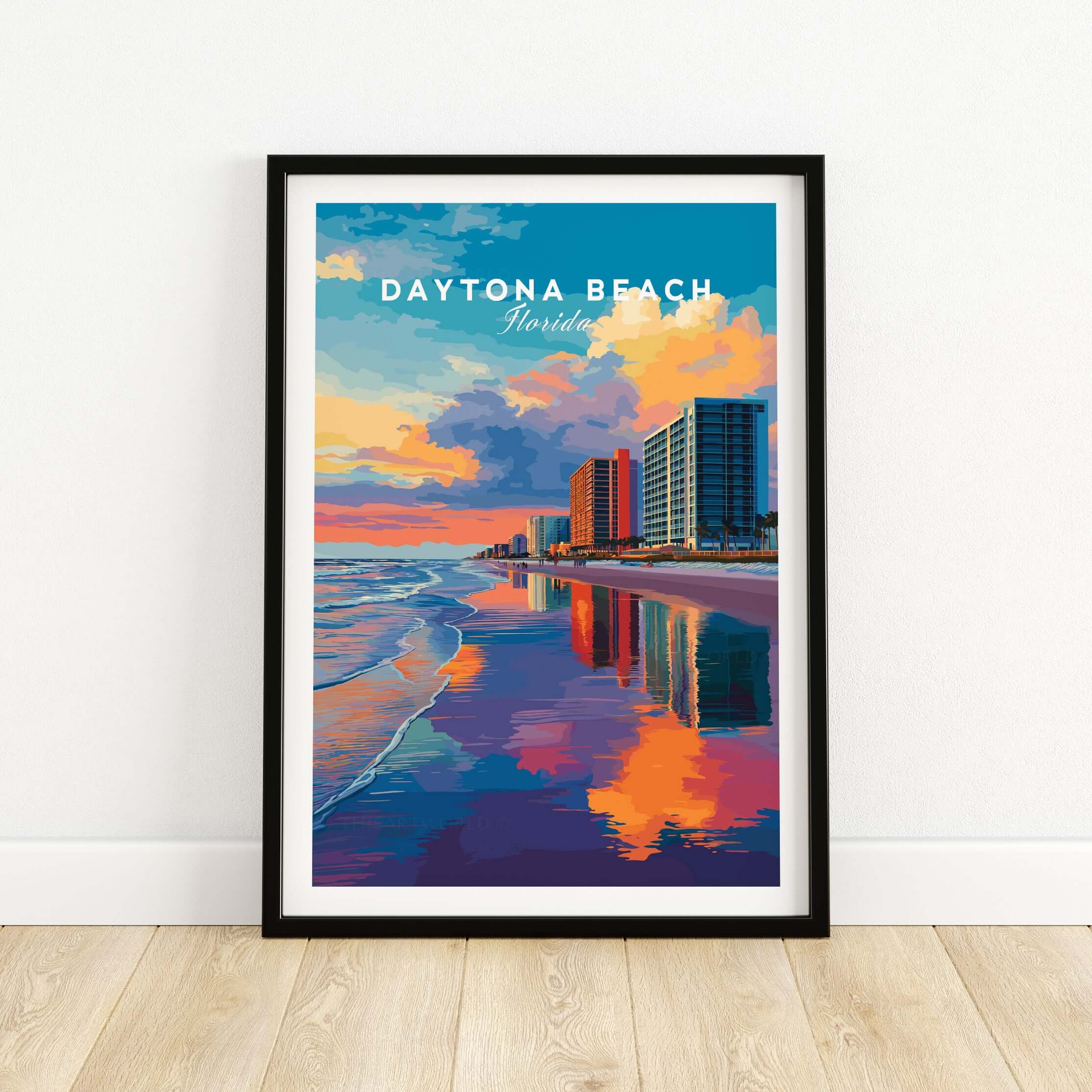 Daytona Beach Sunset Skyline Print - Florida Beachfront Cityscape Wall Art showcasing colorful cityscape at sunset.