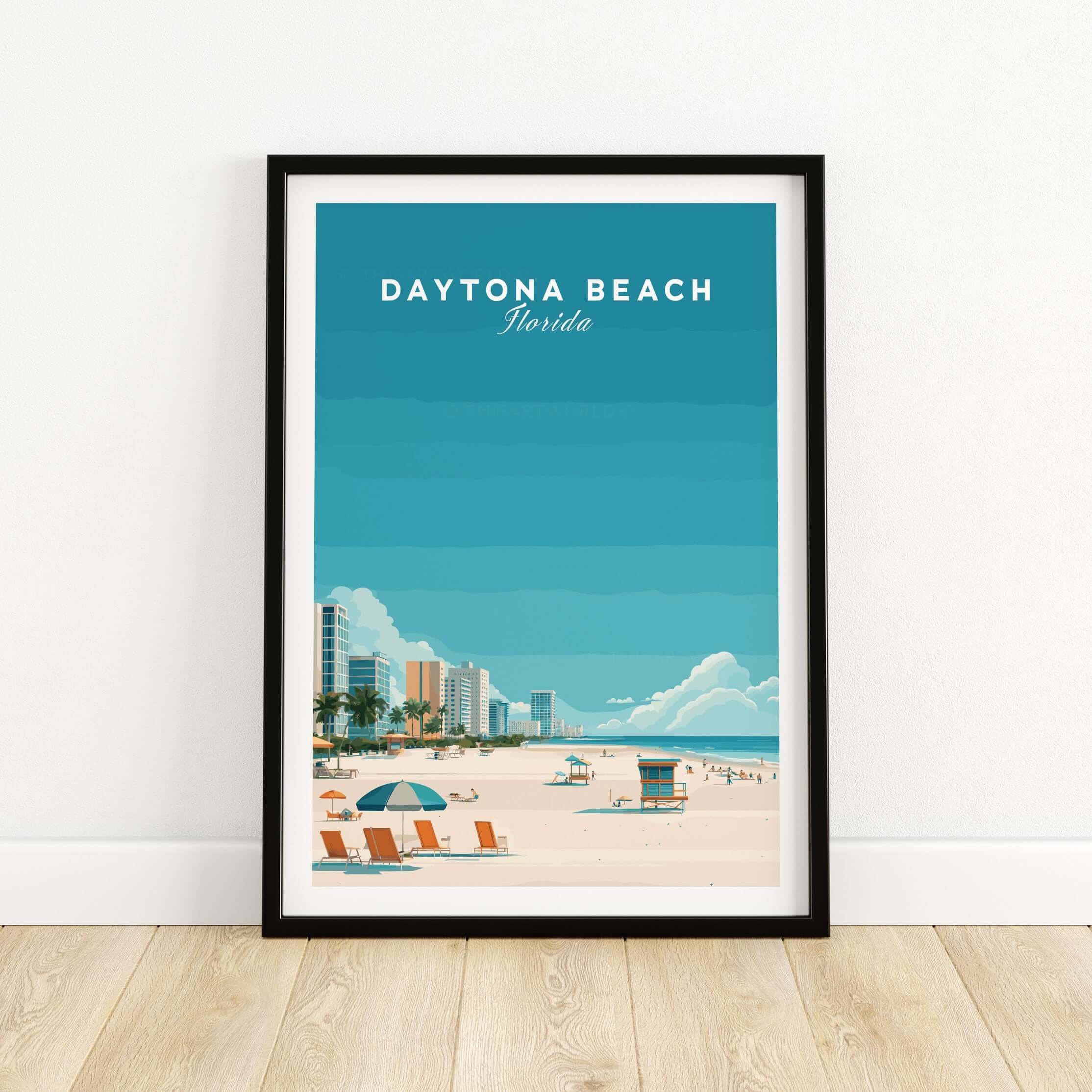 Daytona Beach Florida Lifeguard Station Print - Sunny Beach Wall Art showcased in a black frame with a beach scene.