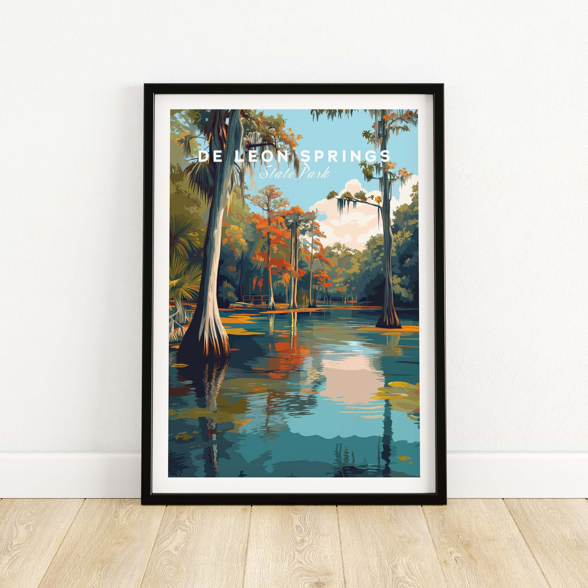De Leon Springs Poster - Serene Florida State Park Wall Art showcasing vibrant greenery and serene water reflections.