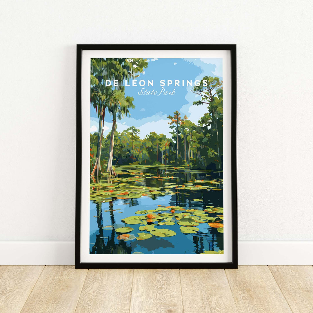 De Leon Springs Lily Pads print showcasing vibrant lily pads on tranquil water, perfect for nature-themed wall art.