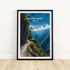Death Road Print | South America Adventure Decor | Yungas Road Poster framed artwork showcasing Bolivia's scenic landscape.