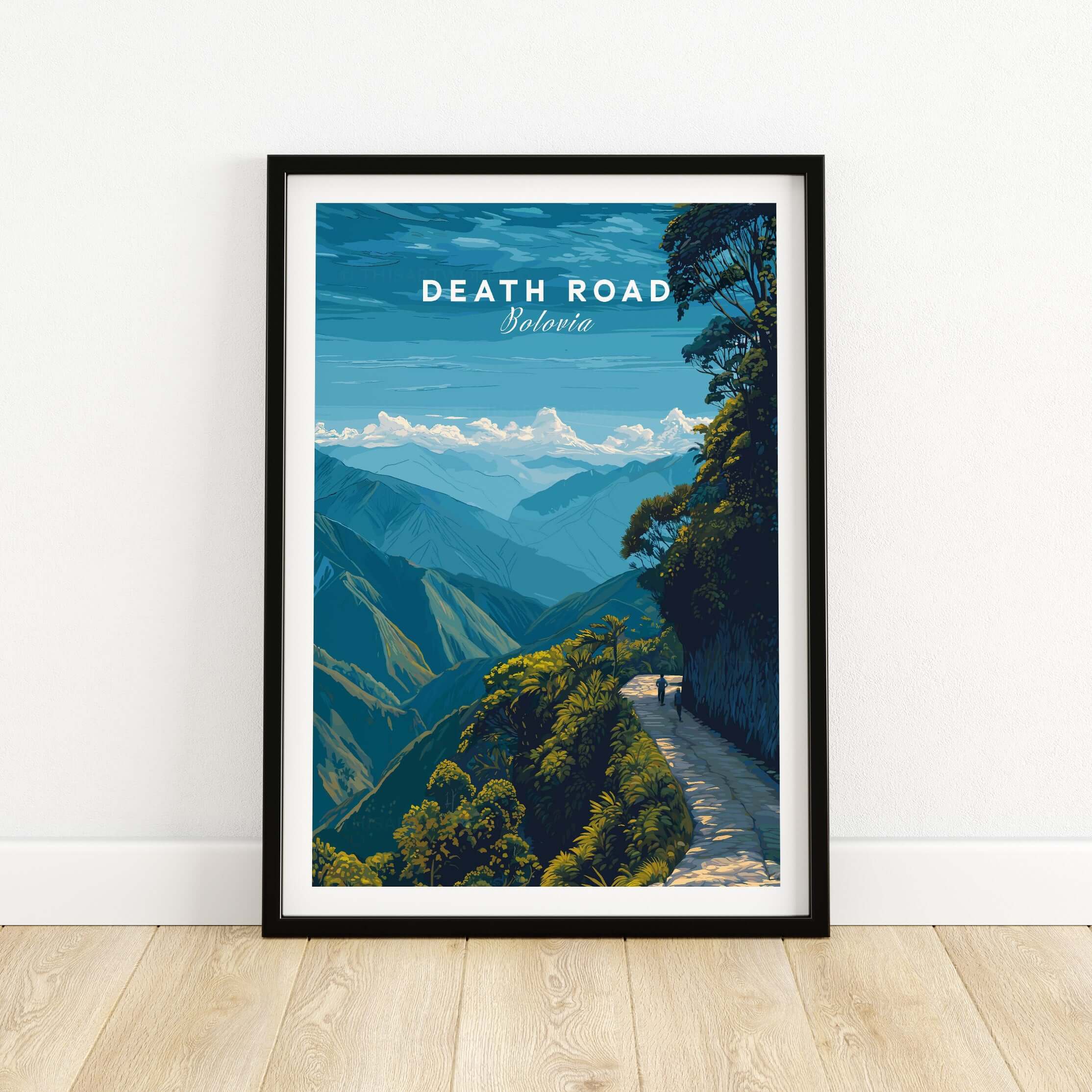 Death Road Yungas Adventure Scenic Print | Bolivian Travel Wall Decor featuring a stunning mountain landscape.