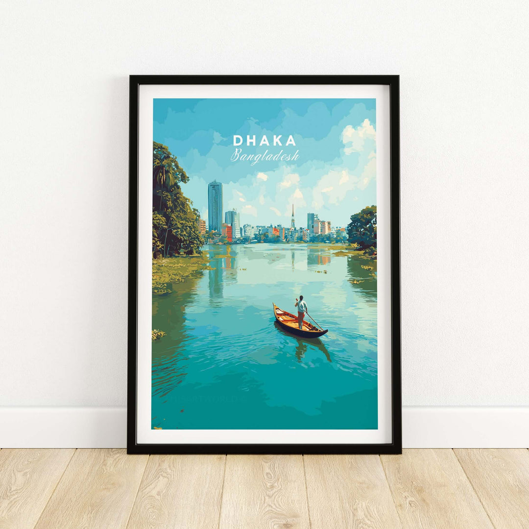 Dhaka river city view poster showcasing urban waterfront and boat, perfect wall art for modern decor.