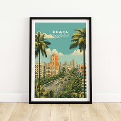 Dhaka Bangladesh Poster - Modern City Landscape Print showcasing the skyline and palm trees in a vibrant city atmosphere.