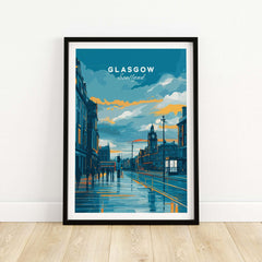 Glasgow City Street at Dusk Print - Scotland Wall Art displaying a vibrant urban scene of Glasgow.