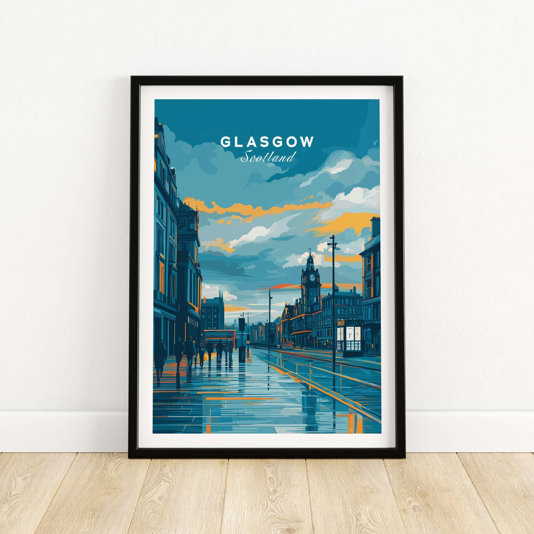 Glasgow City Street at Dusk Print - Scotland Wall Art displaying a vibrant urban scene of Glasgow.