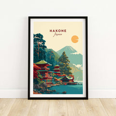 Hakone Japan Lake Ashi Temple Print - Japanese Pagoda Wall Art featuring serene landscape and traditional architecture.