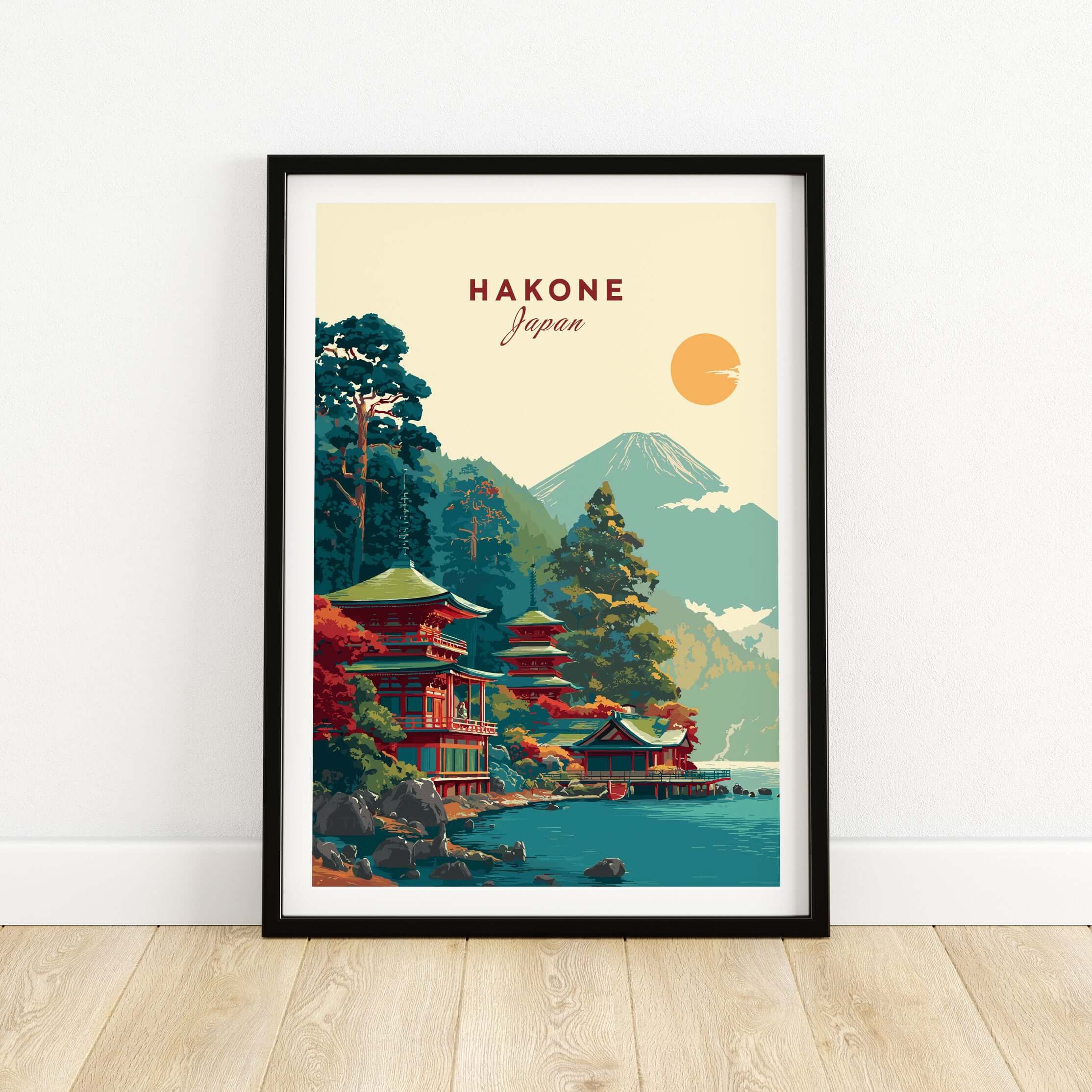 Hakone Japan Lake Ashi Temple Print - Japanese Pagoda Wall Art featuring serene landscape and traditional architecture.