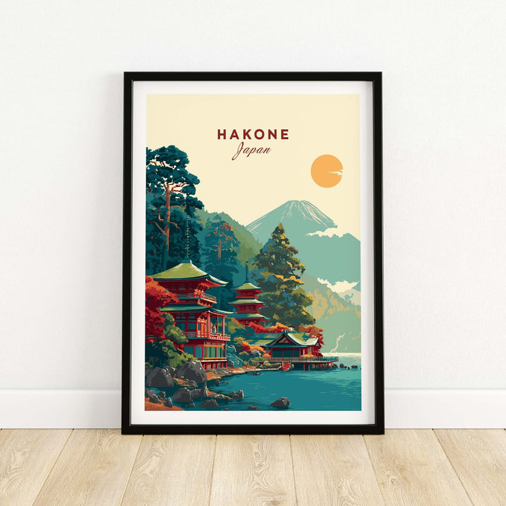 Hakone Japan Lake Ashi Temple print featuring a serene landscape with pagoda and Mount Fuji.