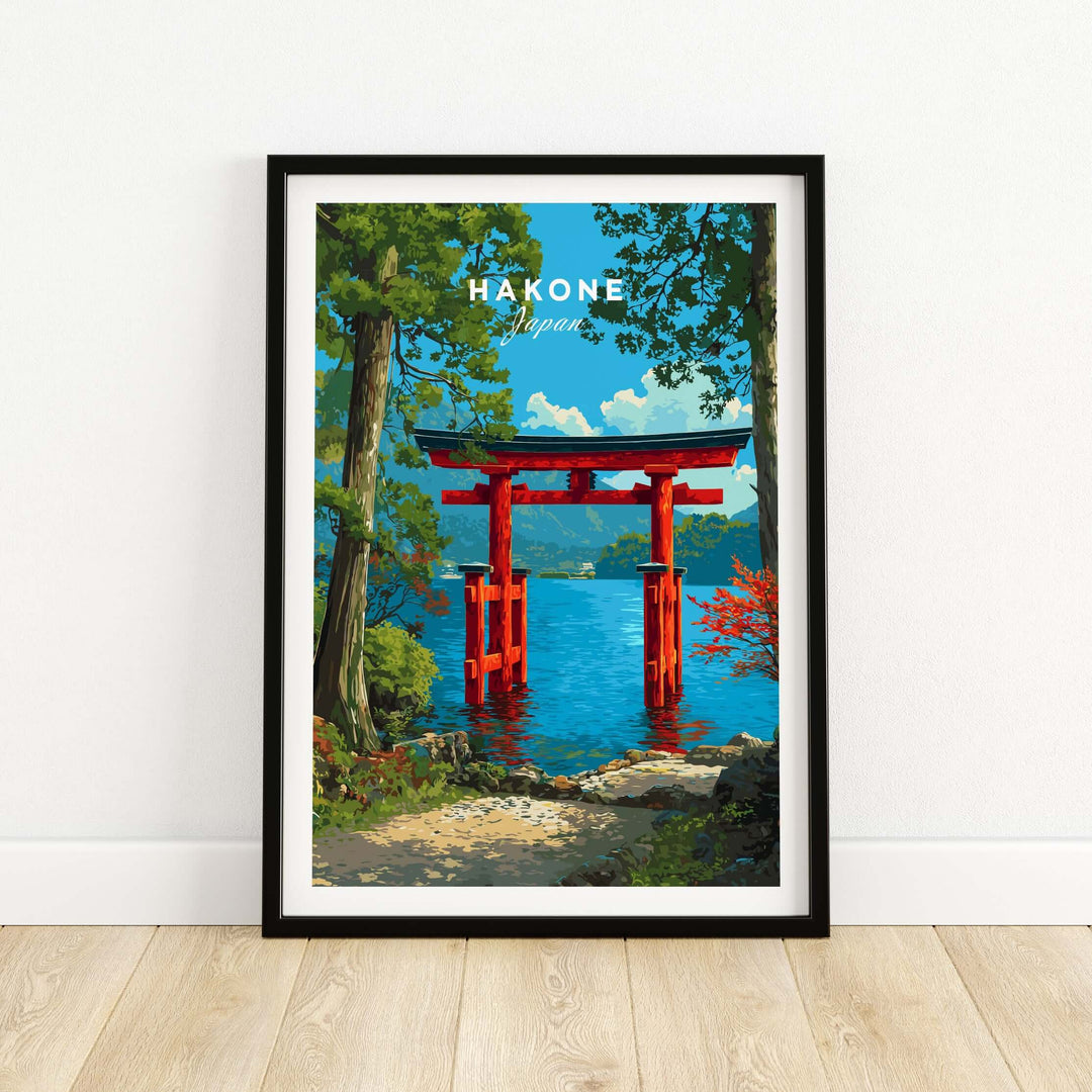 Hakone Japan Lake Ashi Torii gate poster, vibrant wall art capturing serene waters and cultural beauty.