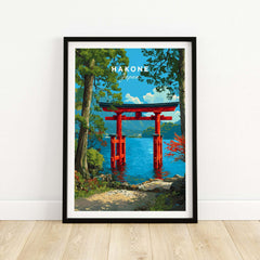 Hakone Japan Lake Ashi Torii Gate Poster - Floating Gate Wall Art featuring a vibrant floating gate by serene waters.