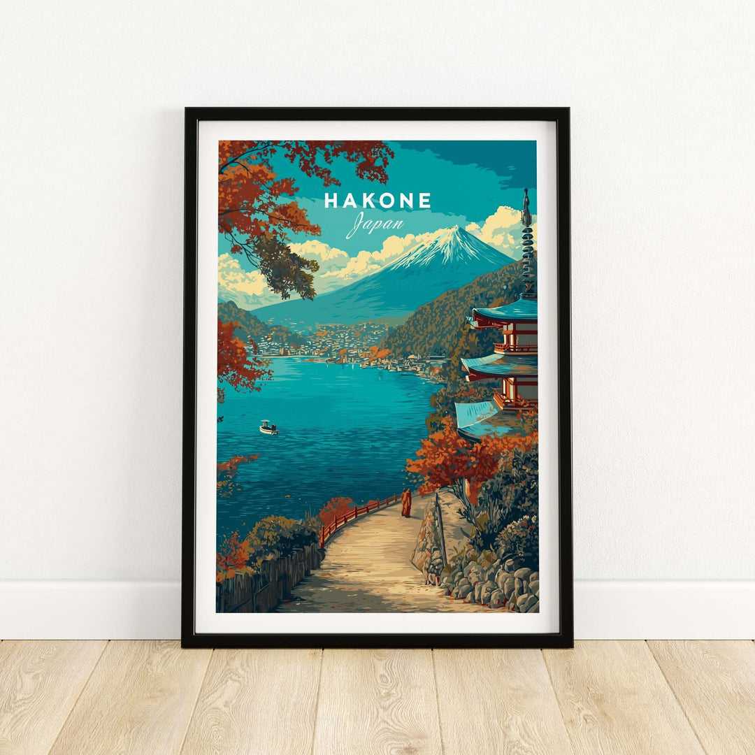 Hakone print featuring serene lake view, pagoda, and Mount Fuji landscape in vibrant colors.