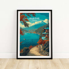 Hakone Print Japan Lake View Pagoda - Mount Fuji Scenic Poster featuring a serene lake and traditional pagoda.