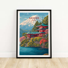 Hakone Japan Print Historic Shrine Lake Ashi Art - Mount Fuji Pagoda Poster framed with vibrant colors by the lake.