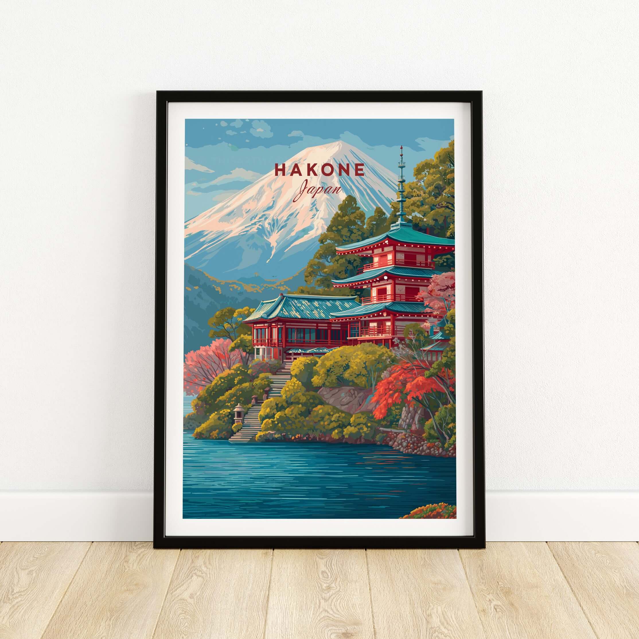 Hakone Japan Print Historic Shrine Lake Ashi Art - Mount Fuji Pagoda Poster framed with vibrant colors by the lake.