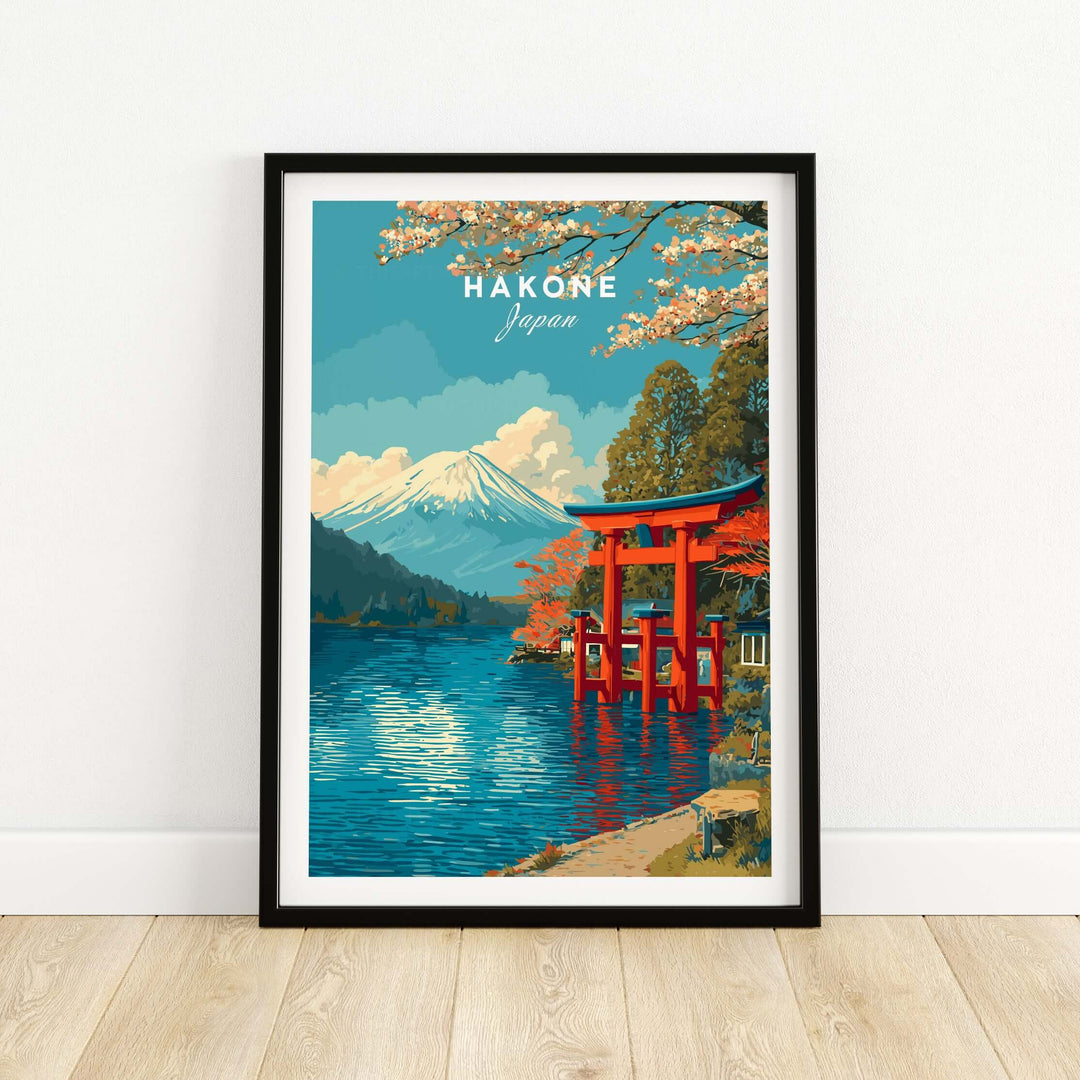 HakonePrint Japan Peace Shrine artwork featuring Torii gate, Mount Fuji and Lake Ashi in serene colors.